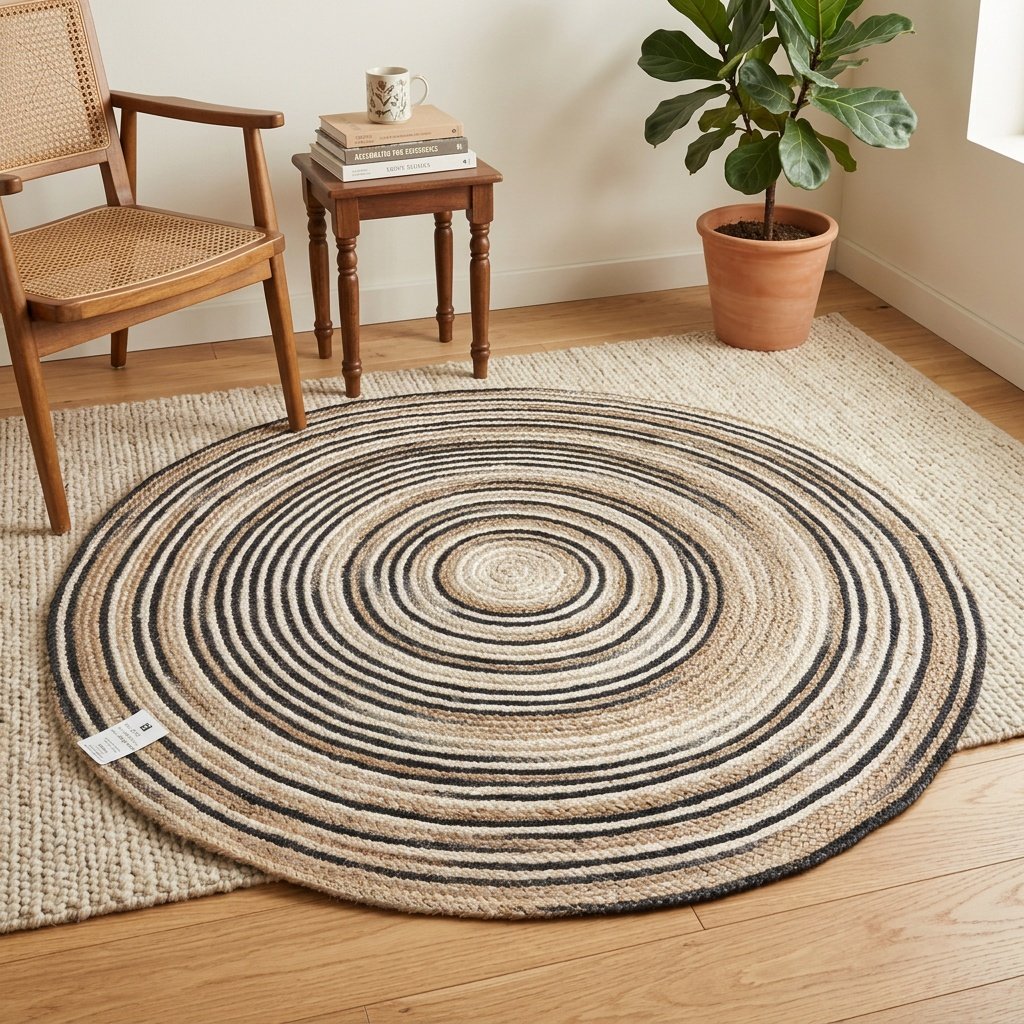 Gestreept jute rond tapijt Striped jute round rug
