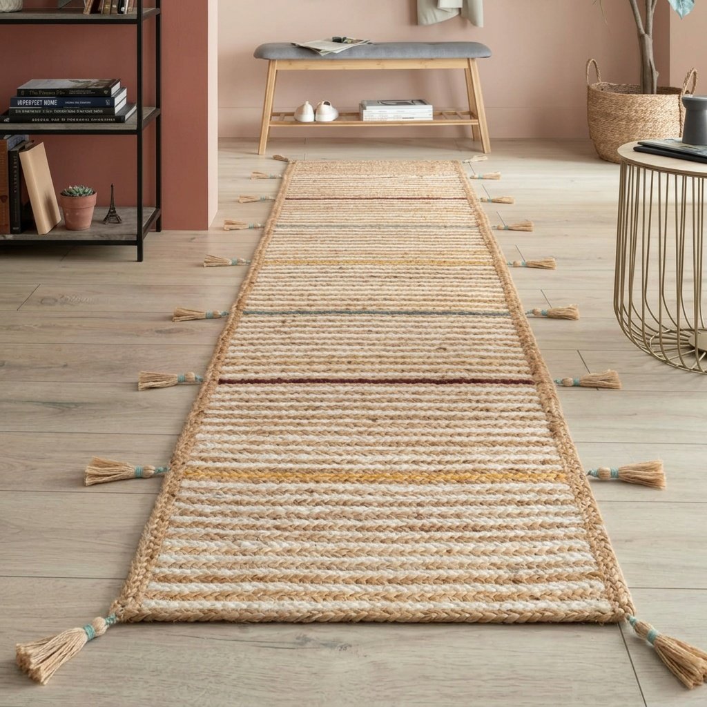 Gestreept jute vloerkleed met kwastjes Striped jute rug with tassels