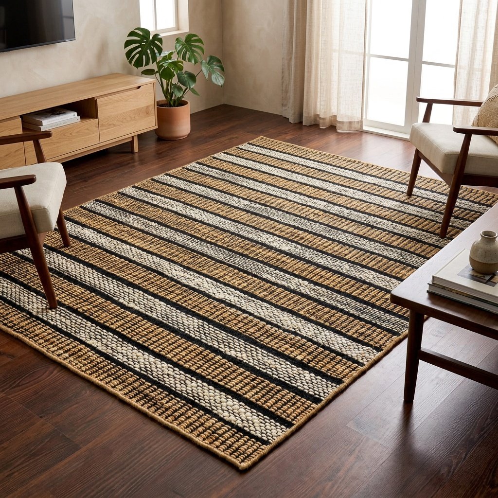 Gestreept modern tapijt van katoen en jute Striped modern cotton and jute rug