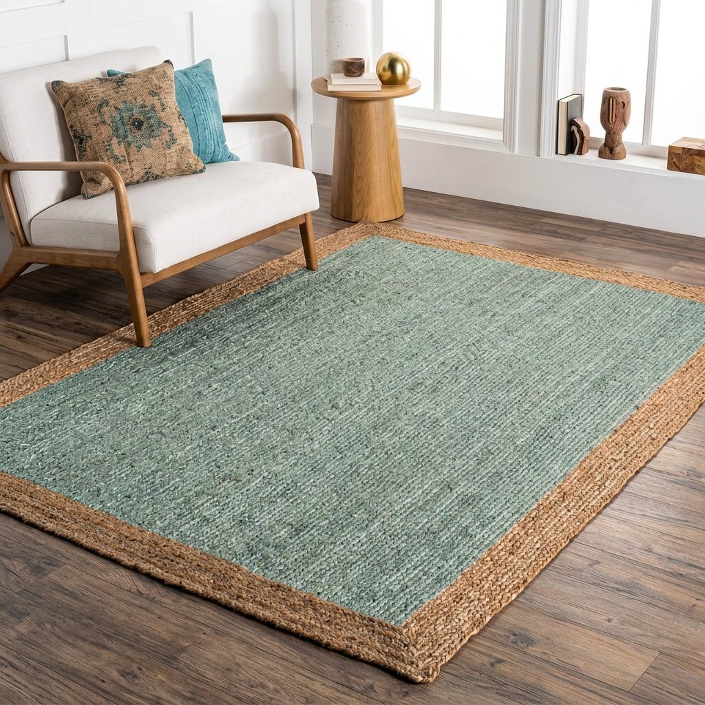 Turquoise jute vloerkleed met natuurlijke rand Turquoise jute rug with natural border