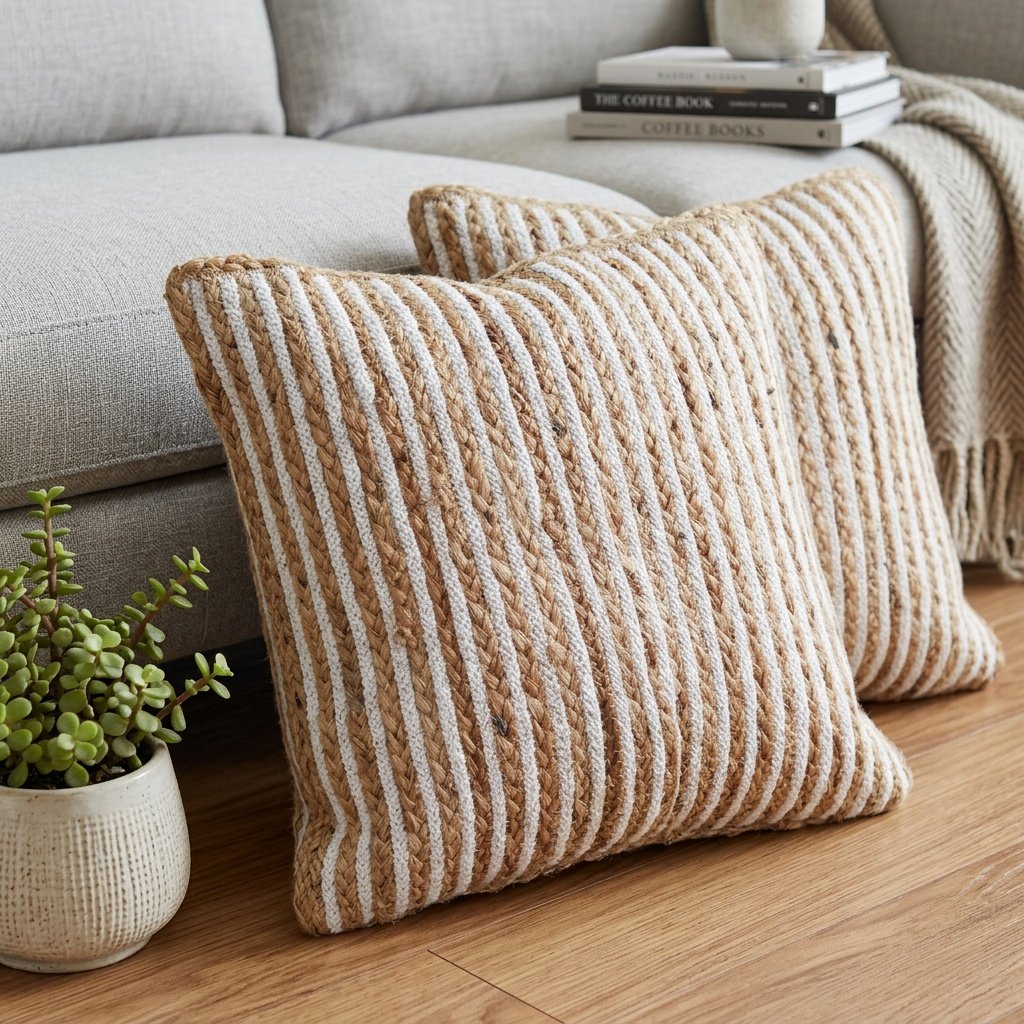 Set van witte en naturel gevlochten katoen-jute kussens White and natural braided cotton jute pillows set