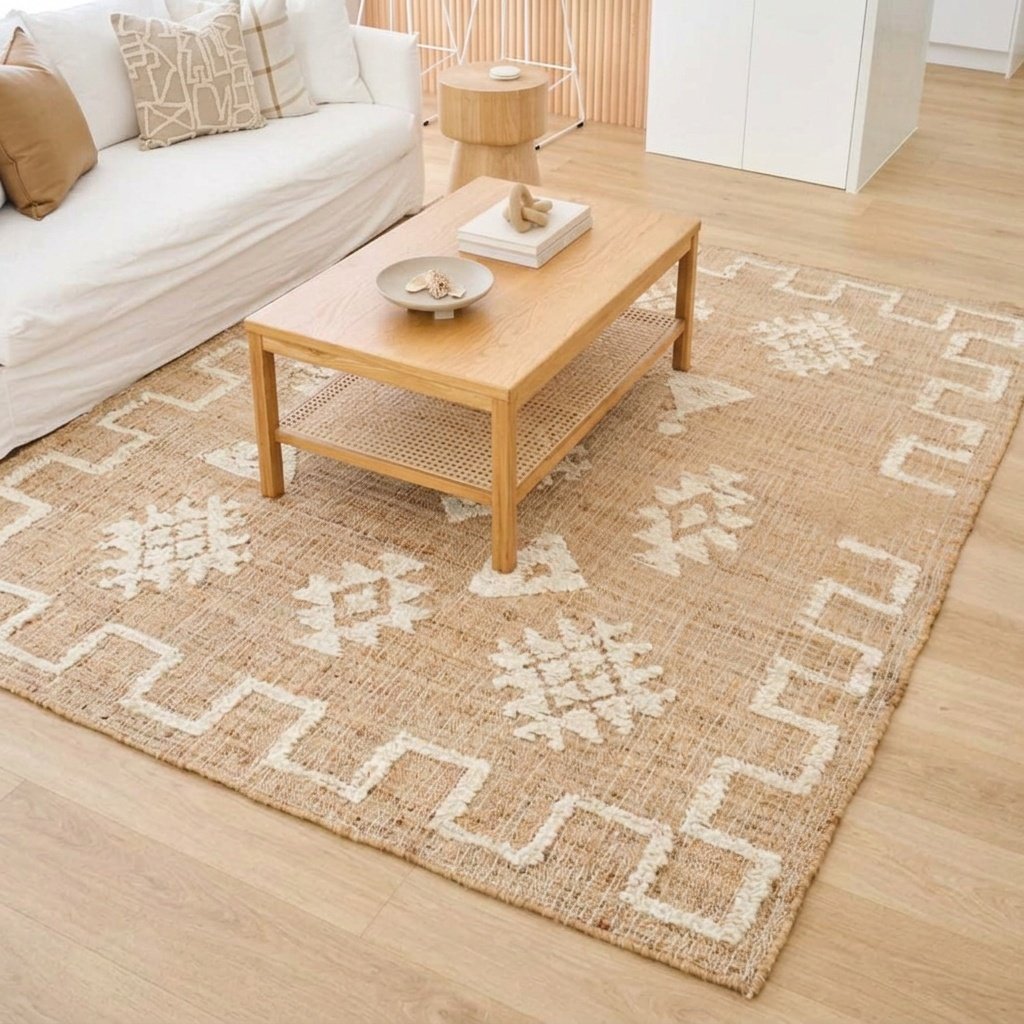 Tapijt van wit en natuurlijk jute White and natural cotton jute rug