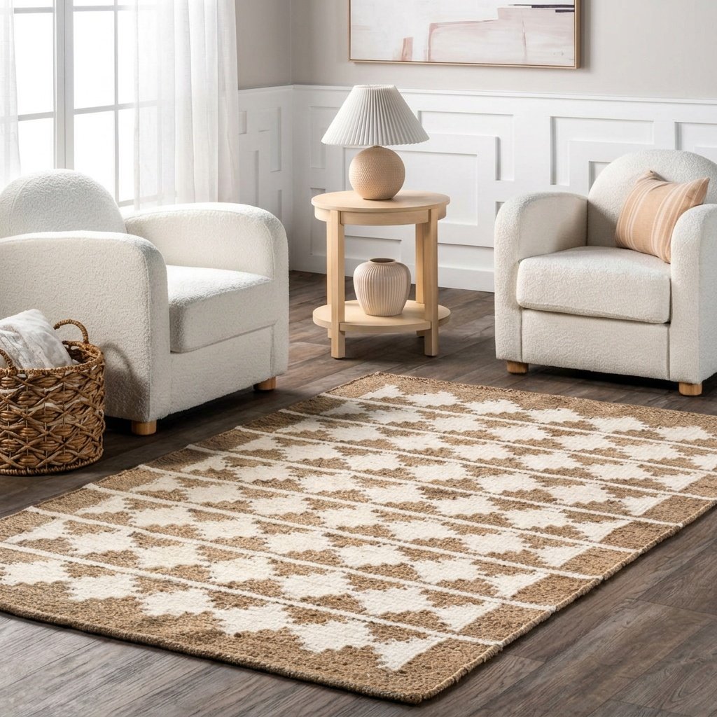 Tapijt van wit en natuurlijk hennepjute White and natural hemp jute rug
