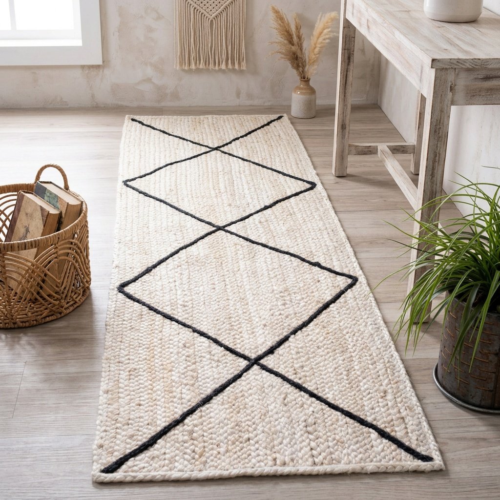 Wit jute vloerkleed met zwarte ruit White jute rug with textured black diamond
