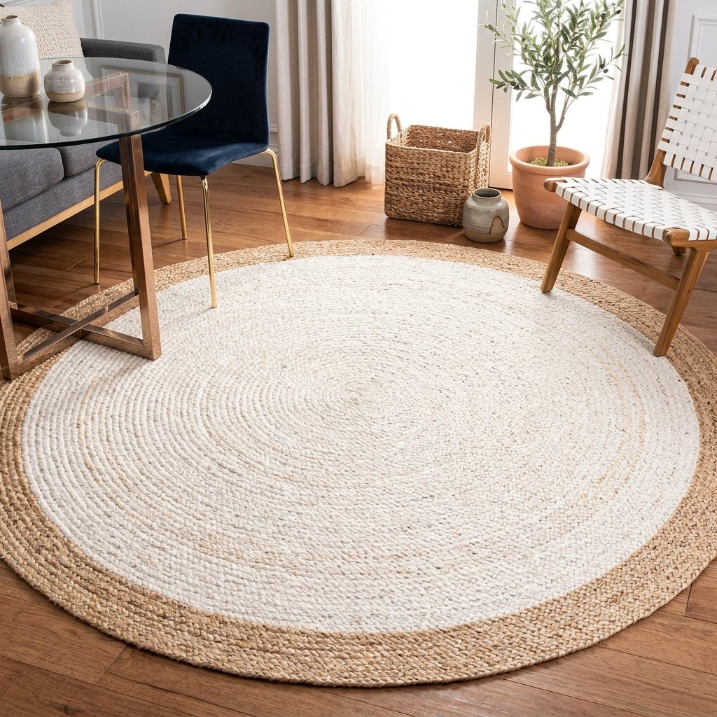 Wit rond jute vloerkleed met beige rand White round jute rug with beige border