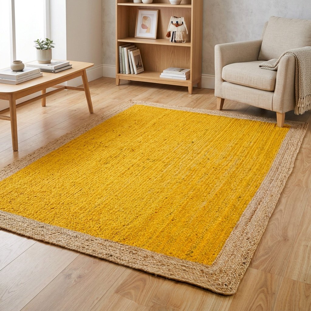 Geel gevlochten jute vloerkleed met natuurlijke rand Yellow braided jute rug with natural border