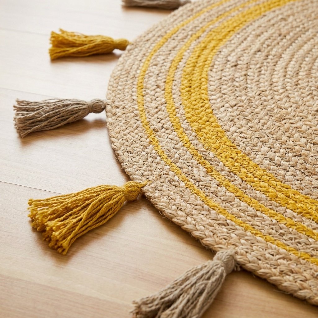 Geel gevlochten jute vloerkleed met kwastjes Yellow trim braided round jute rug with tassels