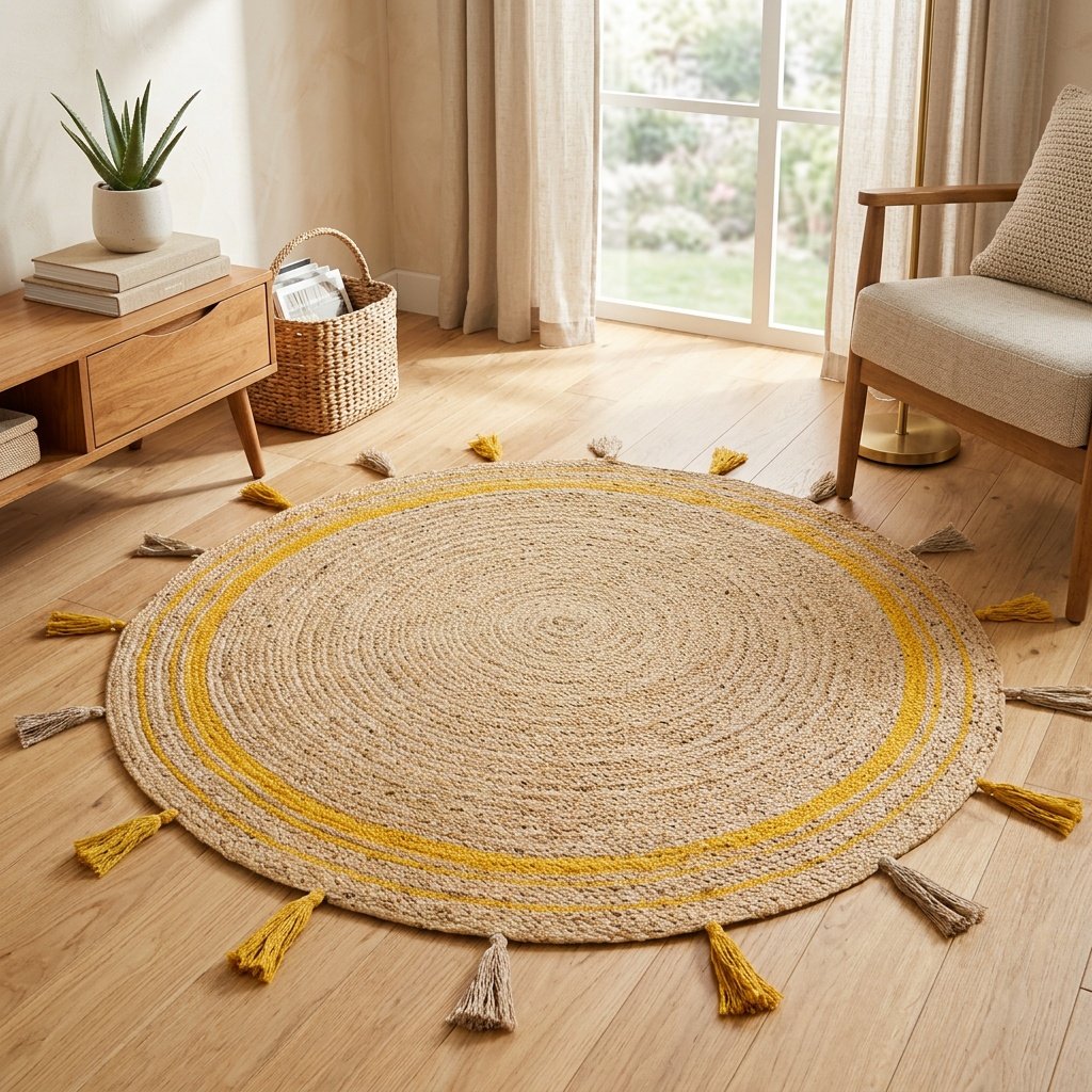 Geel gevlochten jute vloerkleed met kwastjes Yellow trim braided round jute rug with tassels