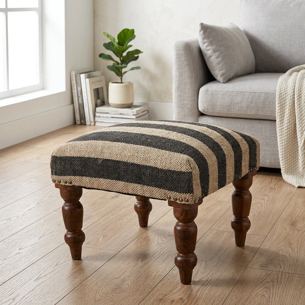 Black striped jute footsool ottoman Black striped jute footsool ottoman