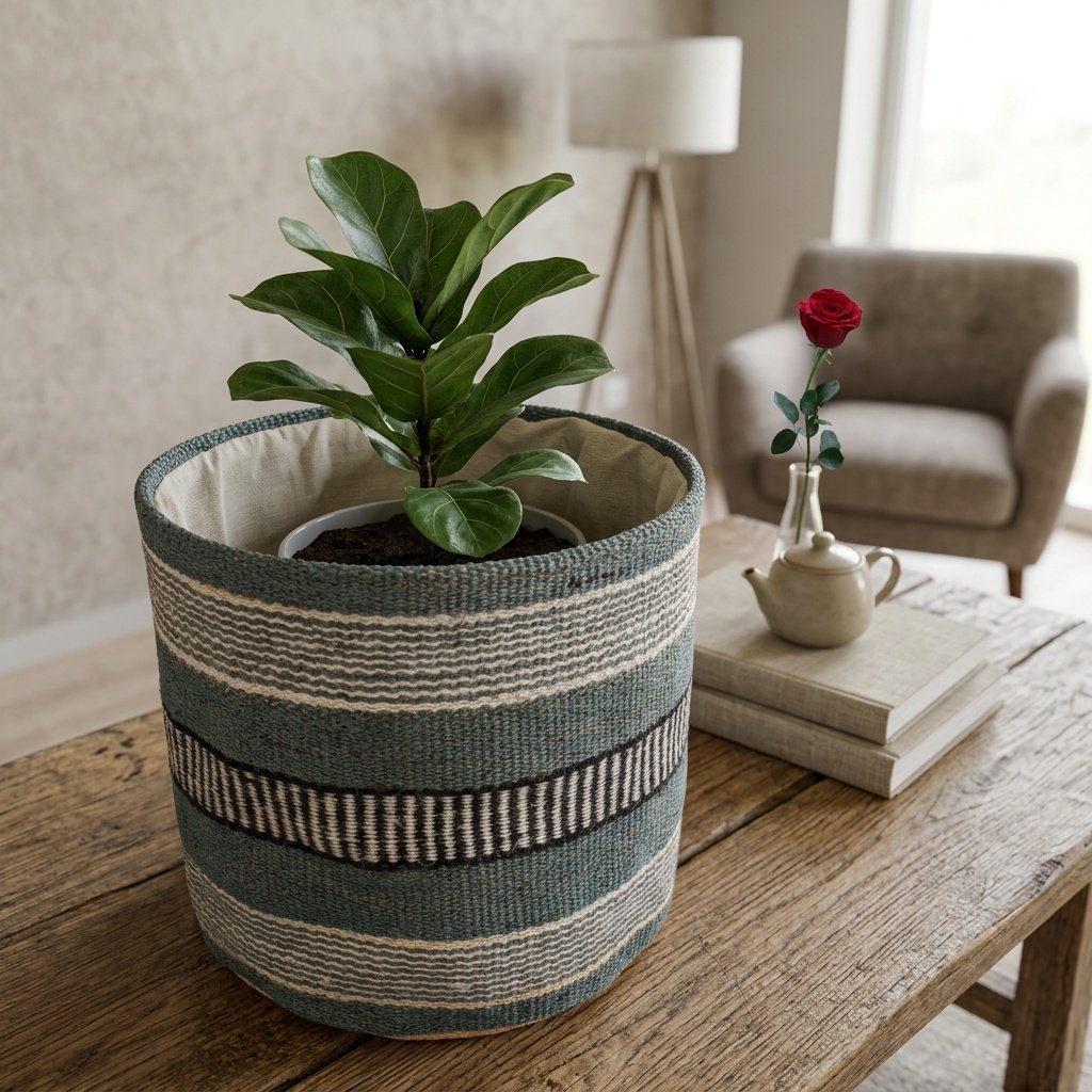 Grijze streep jute bloemmand Grey stripe jute flower basket