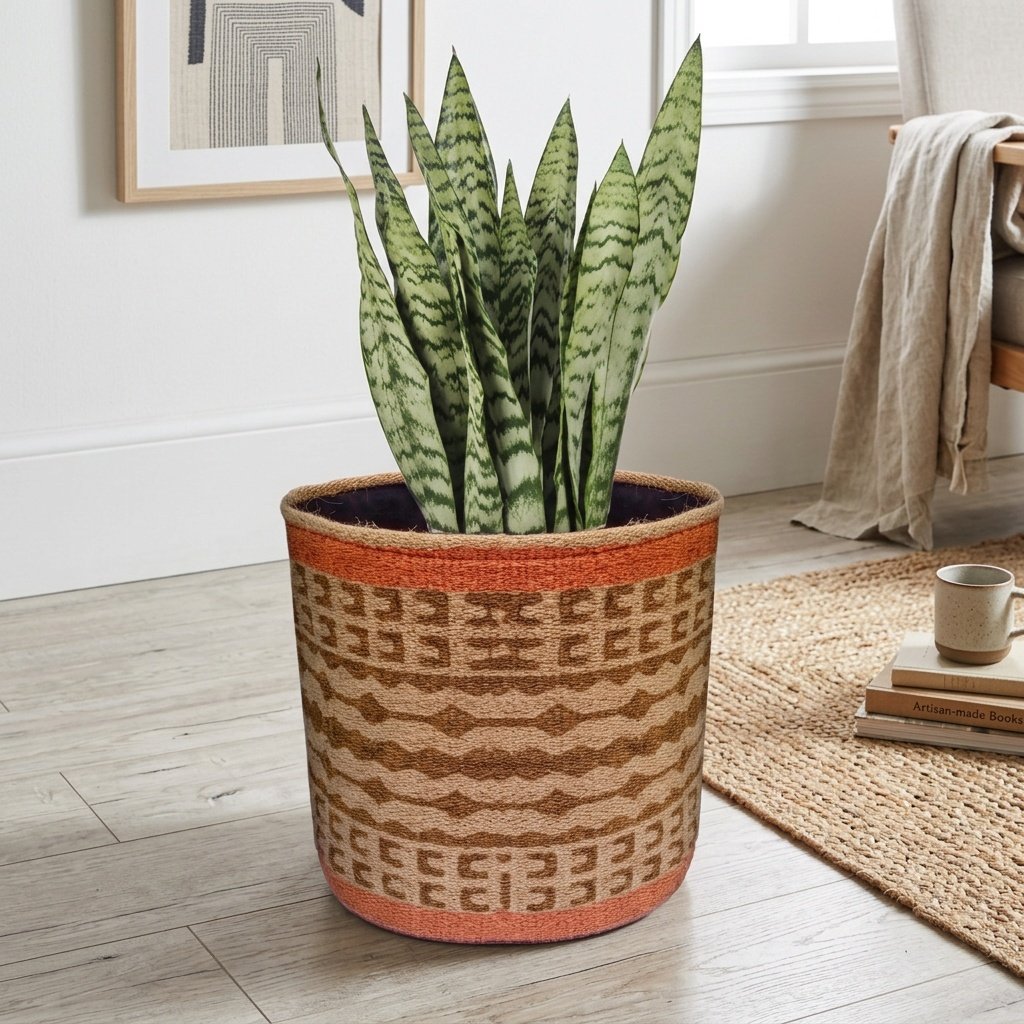 Orange border kilim jute round basket Orange border kilim jute round basket