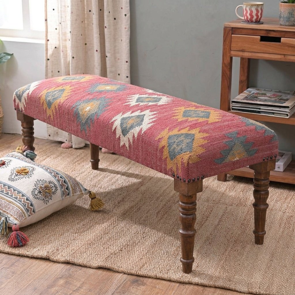 Rode navajo wollen en jute kelim voetenbank Red navajo wool and jute kilim ottoman bench