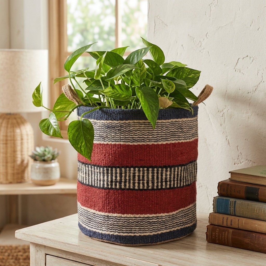 Rust and navy jute basket for plant Rust and navy jute basket for plant