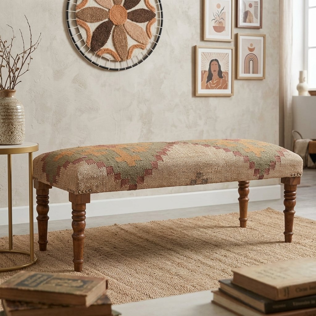 Gestoffeerde bank van wol en jute Upholstered wool and jute ottoman bench